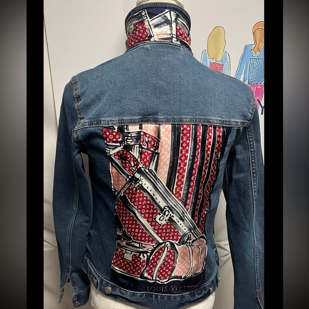 XL and Medium LV Bags and Trunks designer scarf on blue jean classic cut jacket.